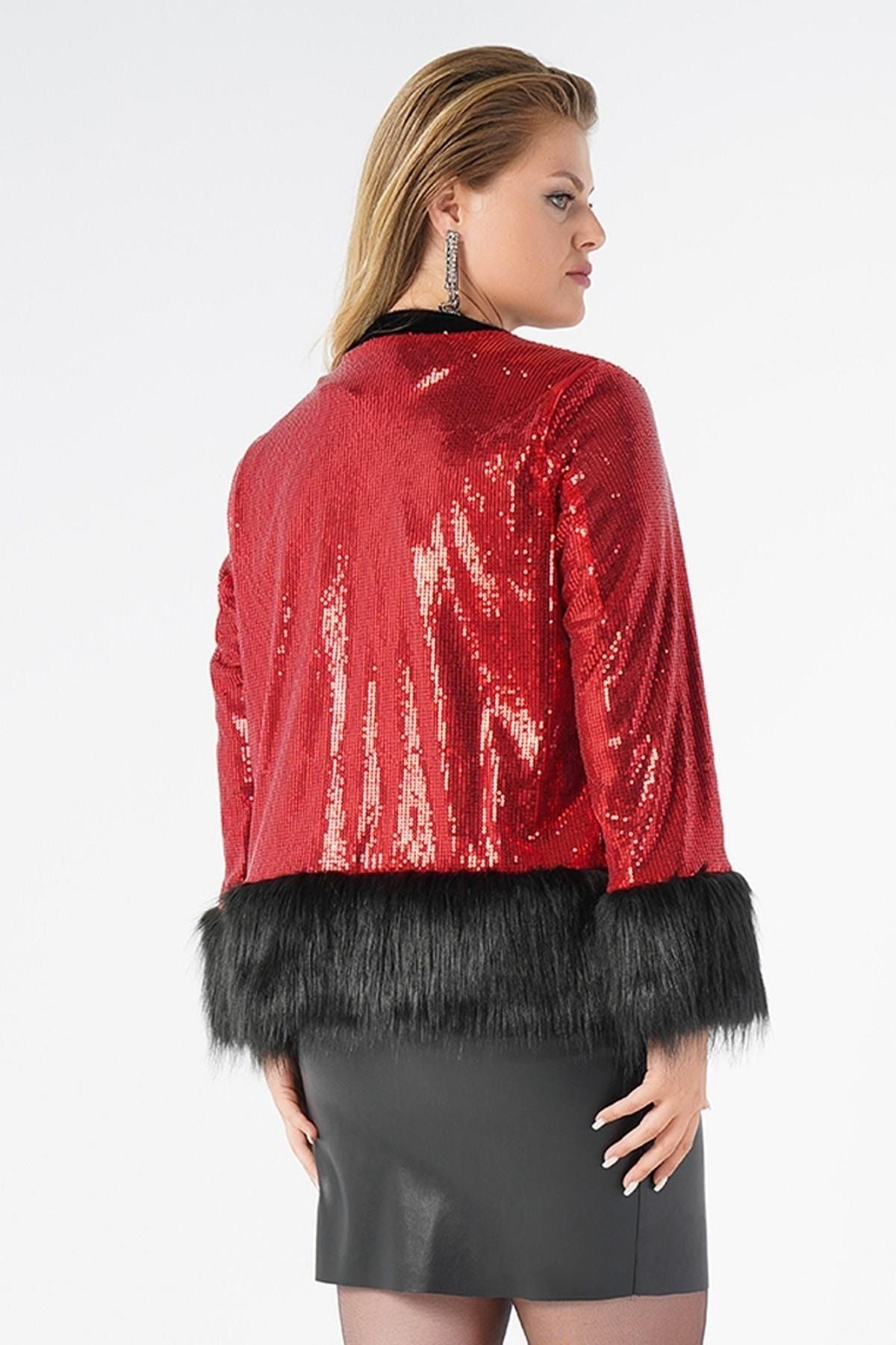 Nelly-Plus Size Red Sequined Fur Jacket 4