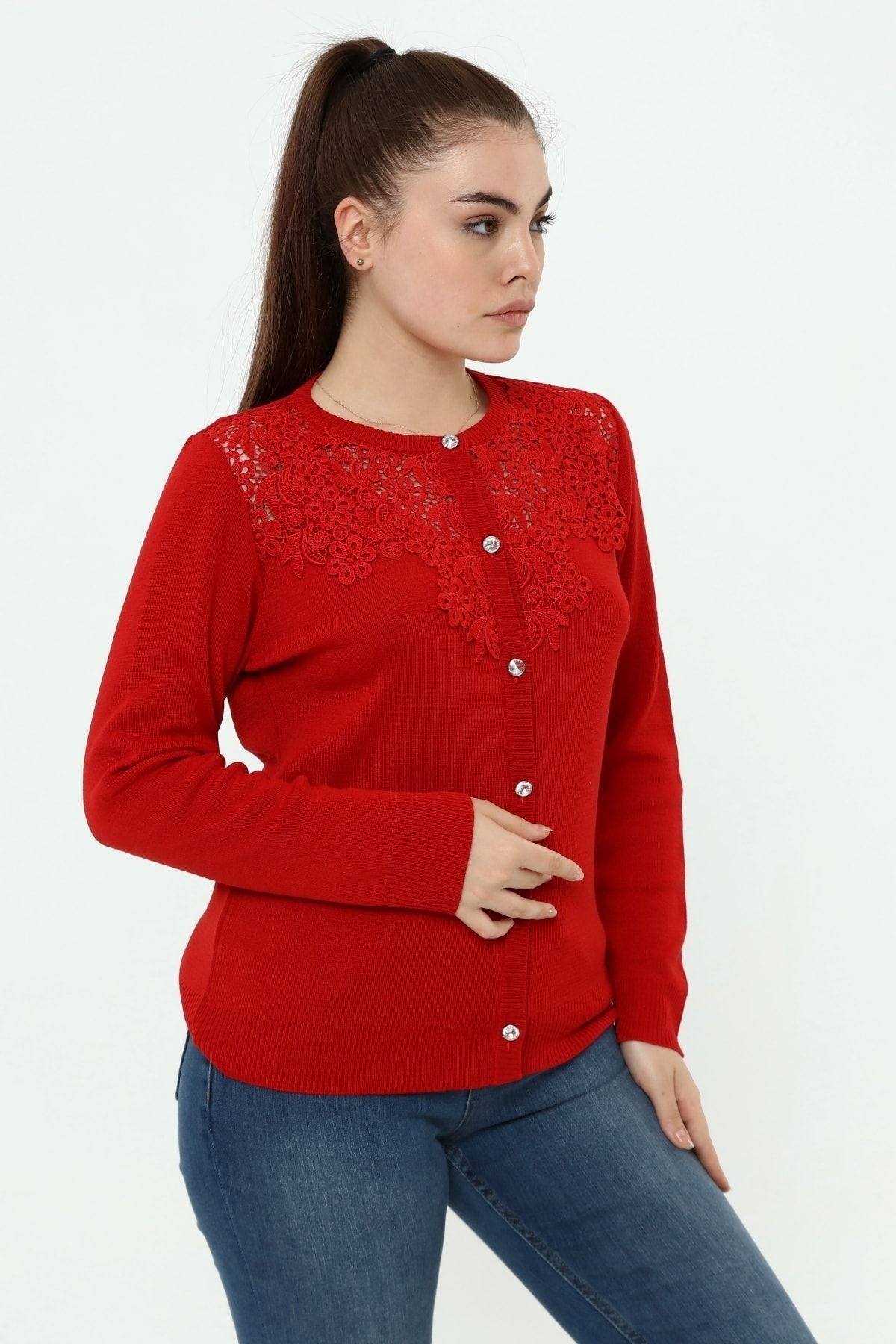 Solo-Women's Guipure Lace Crystal Buttoned Knitwear Cardigan 3