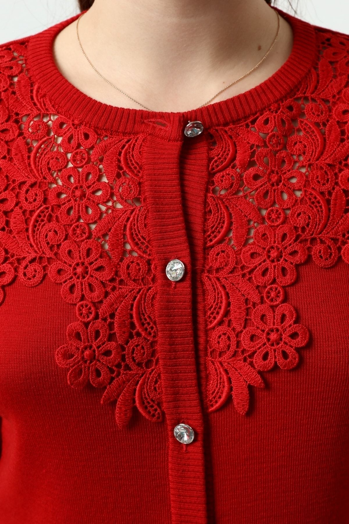 Solo-Women's Guipure Lace Crystal Buttoned Knitwear Cardigan 6