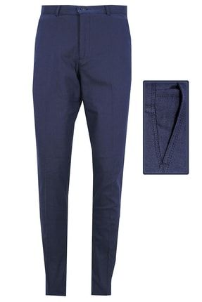 Erkek Mavi Klasik Kesim Armürlü Likralı Keten Pantolon linen trousers1003