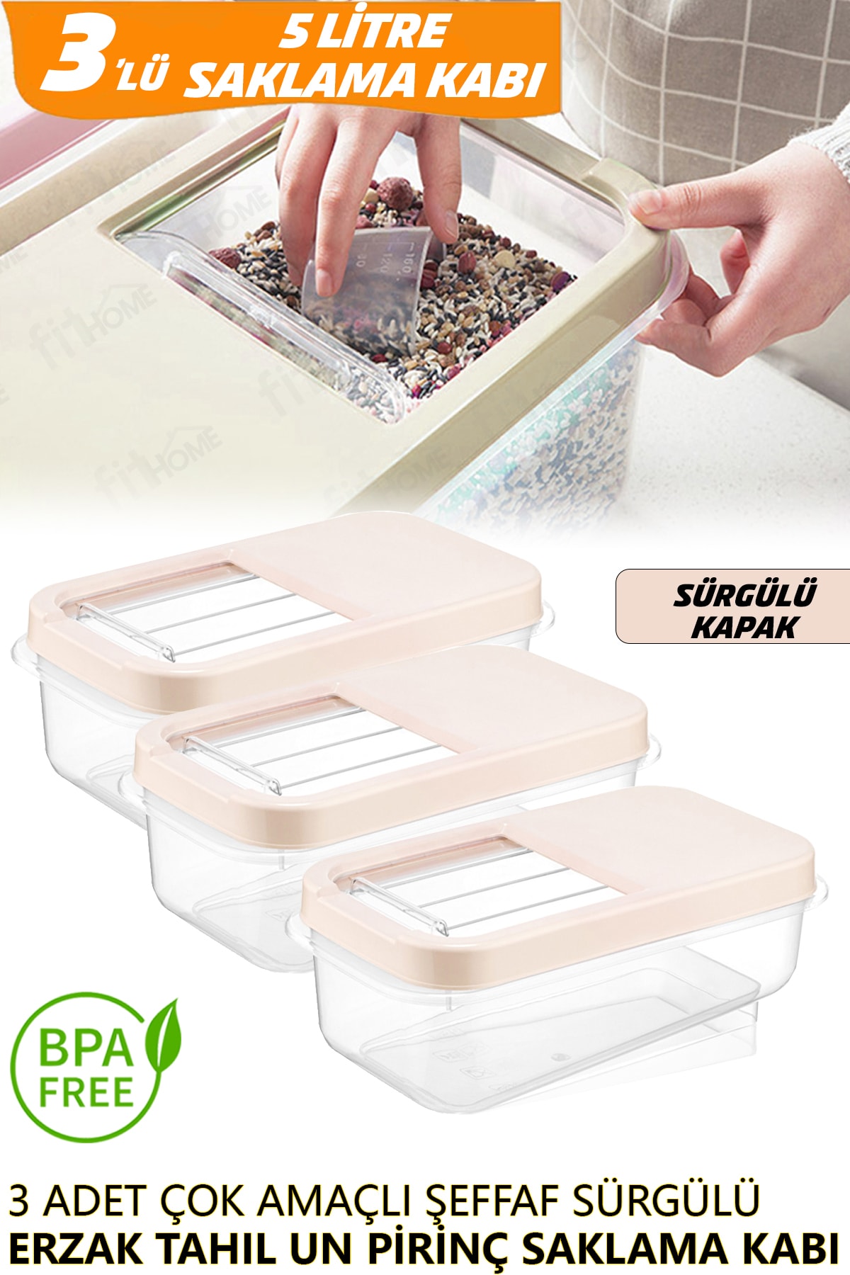 3 x 5 Liters Transparent Food Storage Container Multi-Purpose Legume Food Storage Container