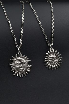 2'li Güneş Ve Ay - Gülen Güneş Erkek Kadın Kolye Seti 925 Ayar Gümüş Kaplama 1016-1255-Z1