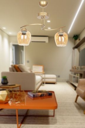 Fuji Modern Tasarım Eskitme Kasa Bal Camlı Salon - Mutfak - Yatak Odası 2 Li Avize fuji110a