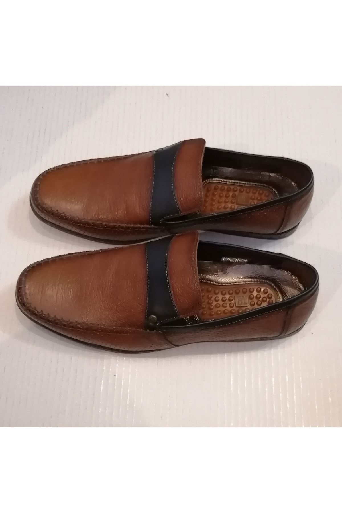 LUCIANO BELLINI-Unisex Genuine Leather Tan Antique Navy Blue Banded Hand Stitched Flexible Rubber Sole Loafer 3