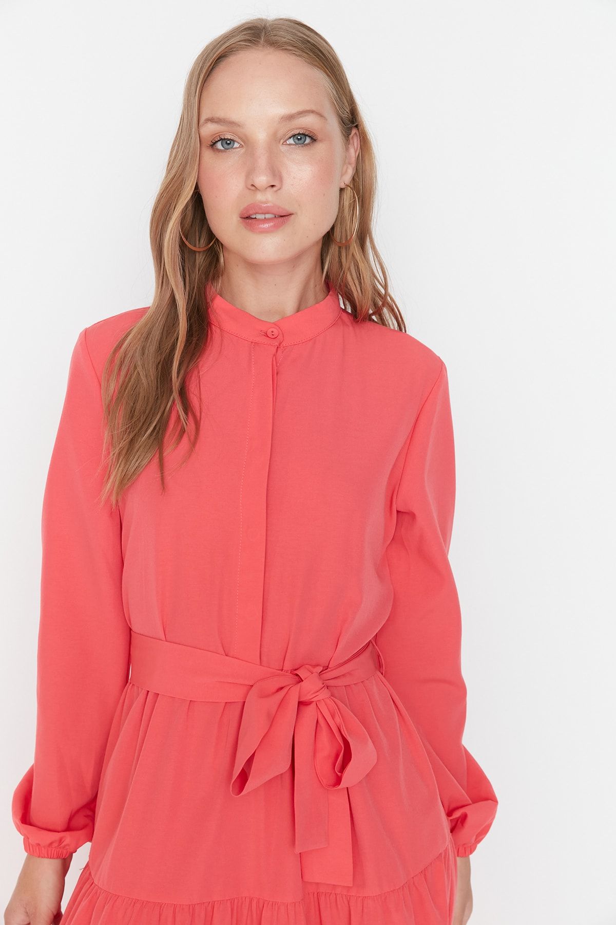 Trendyol Modest-Rochie țesută cu guler șef cu curea roz închis TCTSS21EL3343 2