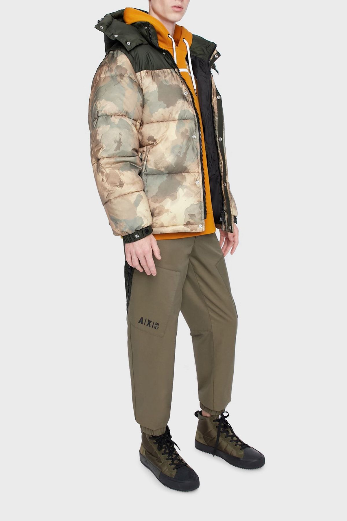 Armani Exchange Camouflage Patterned Quilted Coat with Removable