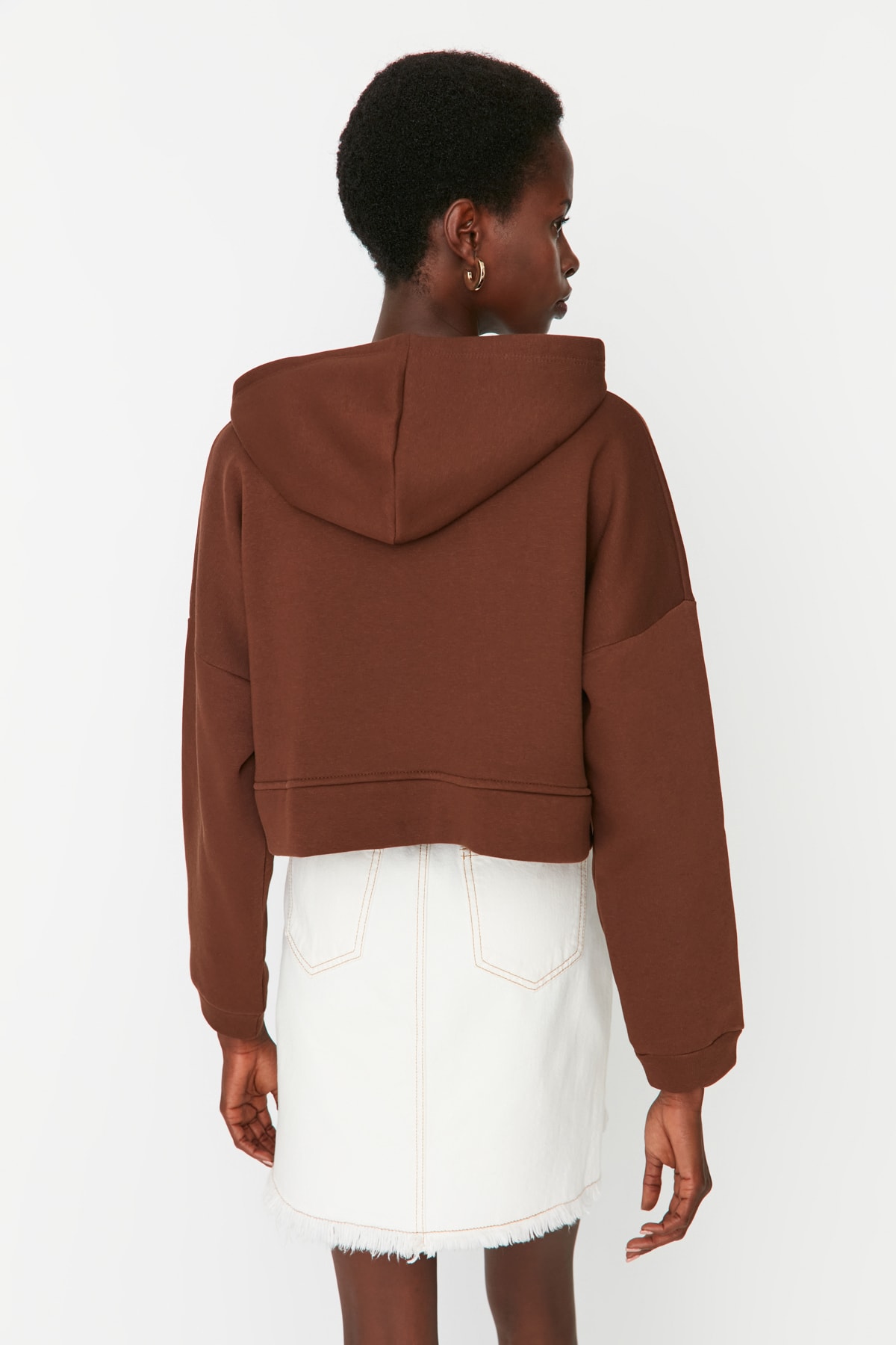 Trendyolmilla  Kahverengi Fermuarlı Kapüşonlu Rahat Kesim Crop Kalın İçi Polarlı Örme Sweatshirt TWOAW20SW0660 - Görsel 8