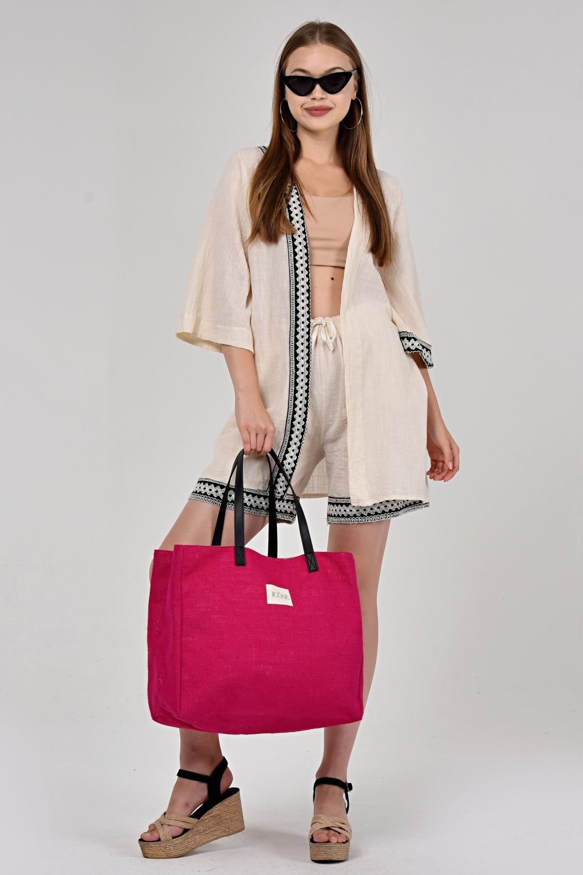 ICONE BAG-Fuchsia Color Women's Bag, Women's Straw Hand and Shoulder Bag, Straw Bag, Linen Bag, Straw Bag 4