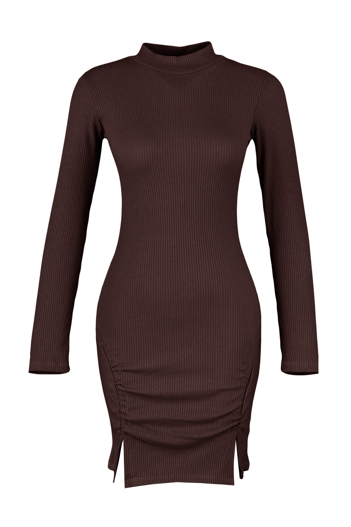 Trendyol Collection Brown High Collar Fitted Long Sleeve Slit Mini Ribbed  Stretchy Knitted Dress TWOAW23EL00506- Trendyol