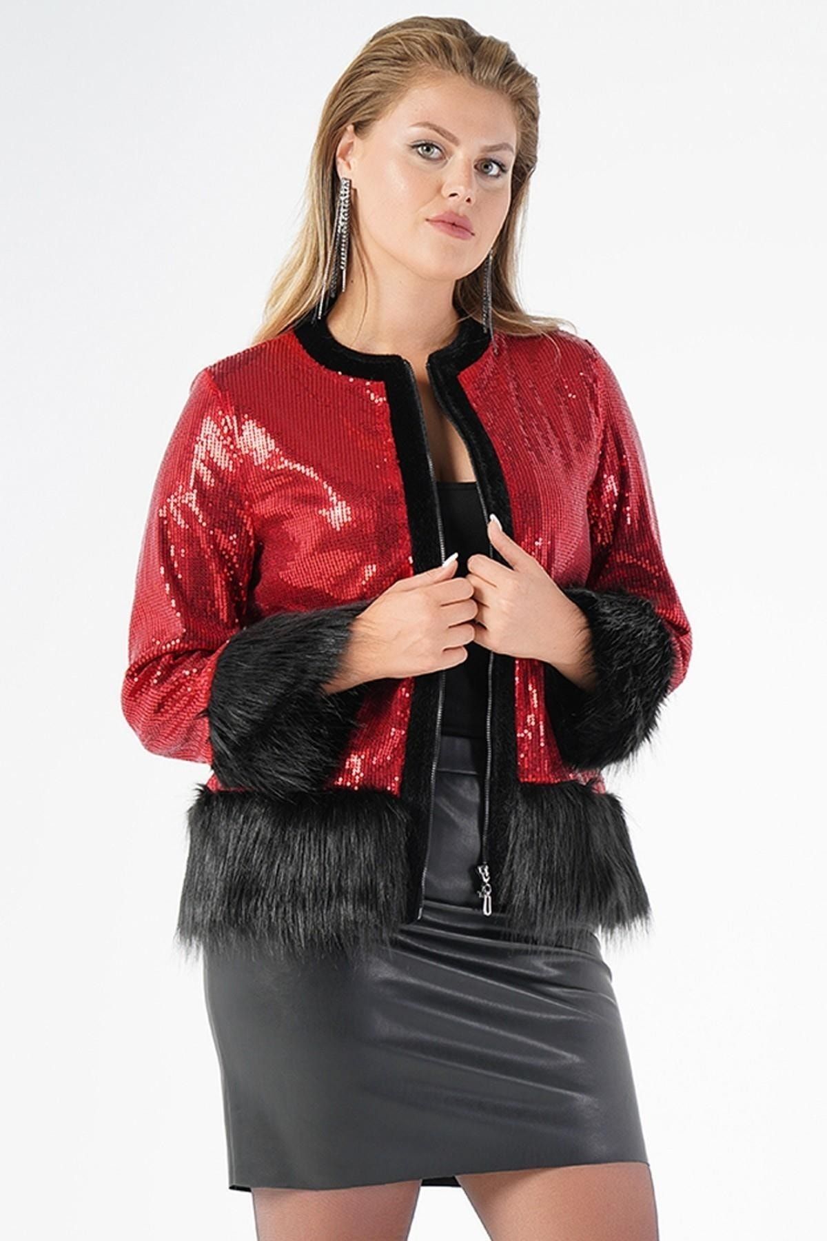 Nelly-Plus Size Red Sequined Fur Jacket 3