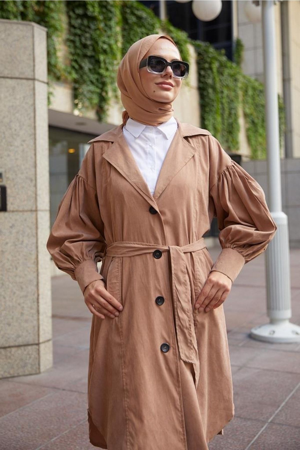 benguen 61510 Balloon Sleeve Hijab Trench Salmon