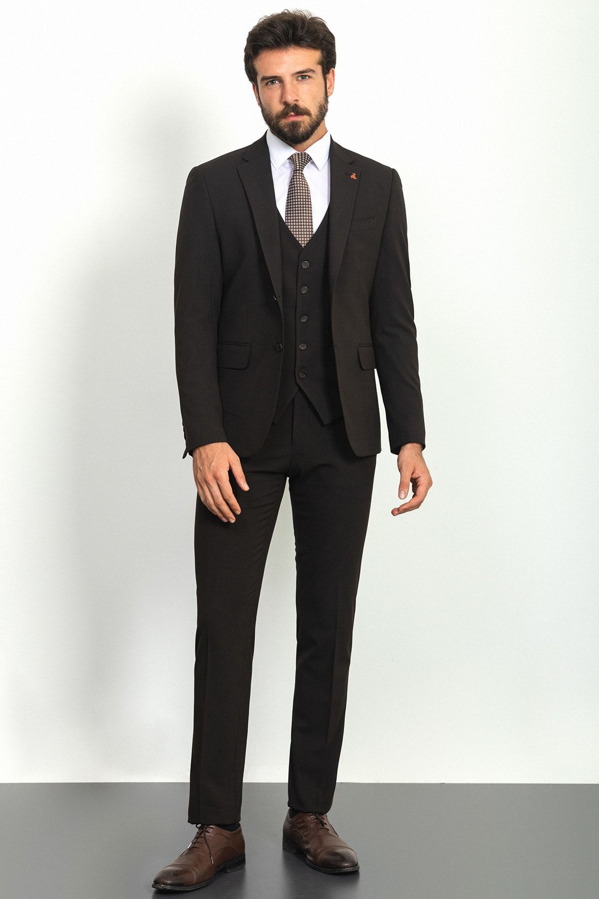 Mcr Düz Kahverengi Slim Fit Klasik Erkek Takım Elbise