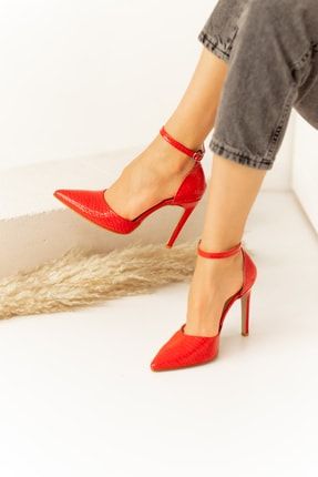 Limar Kırmızı Yılan Derisi Desenli Stiletto Sivri Burun Kadın Topuklu Ayakkabı 2178