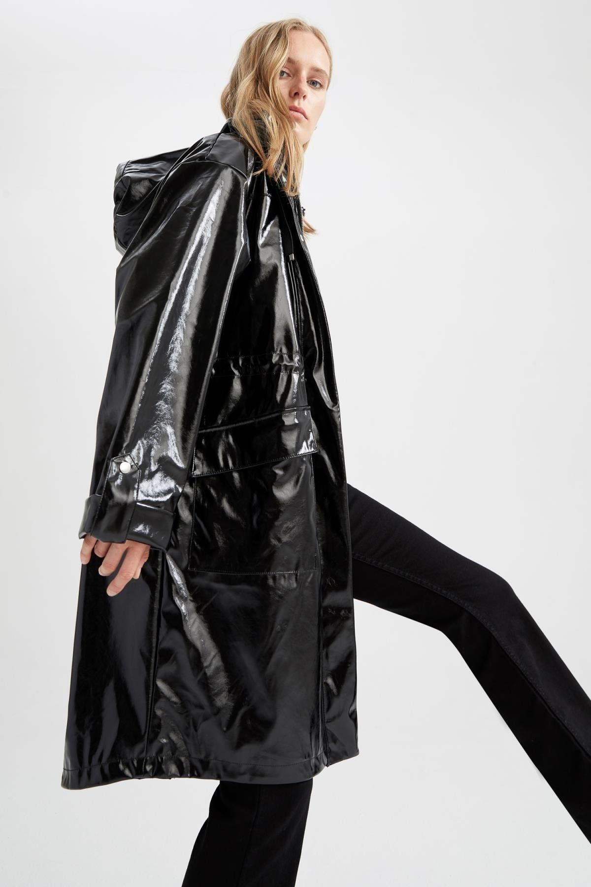 Patent leather raincoat shop with hood