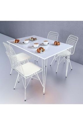 Bembeyaz Masa Takımı 4 Kişilik Beyaz, 130x70 Masa Beyaz Tel Sandalye 4 Adet, Theıa Tasarım BE130X70X4-B