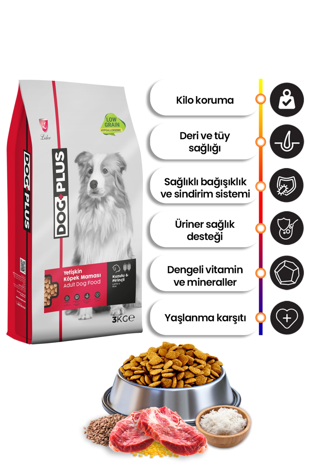 DogPlus Düşük Tahıllı Hipoalerjenik Kuzu Etli Pirinçli Yetişkin Köpek Maması 3 Kg