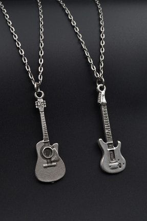 2'li Elektro Gitar - Akustik Gitar Erkek Kadın Kolye Seti 925 Ayar Gümüş Kaplama 1039-1201-Z1