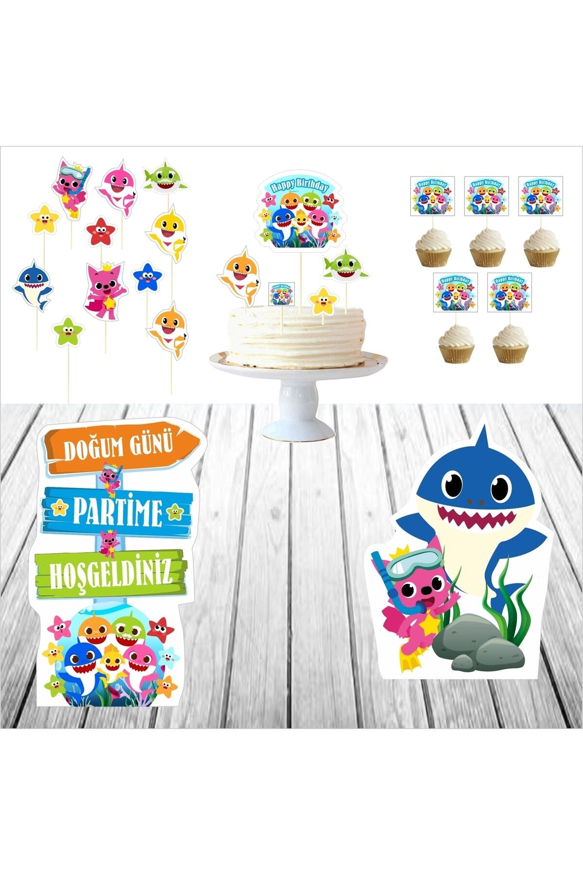 Baby Shark Doğum Günü Maketi Pano Seti / Pasta Süsü Seti