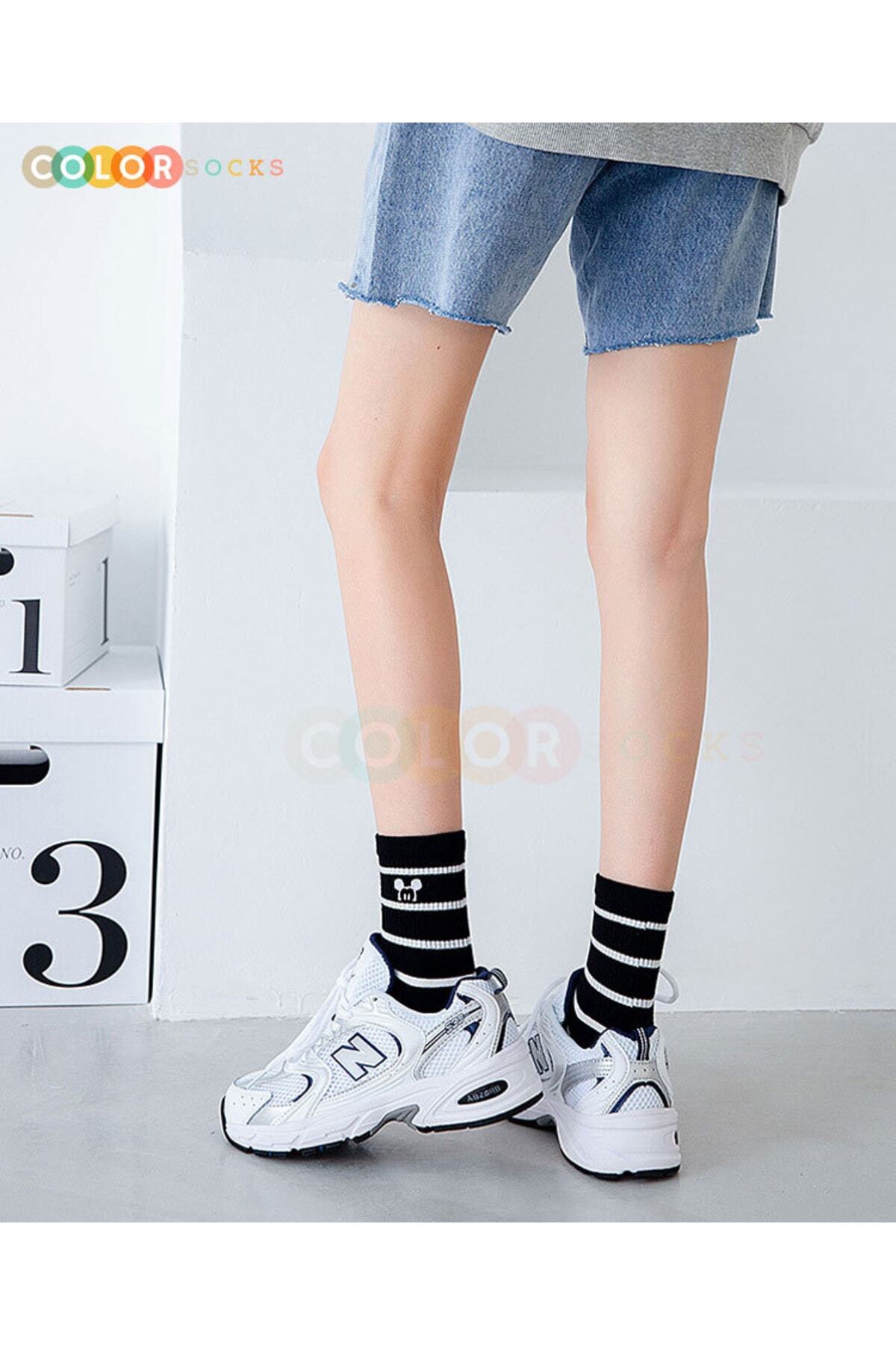 Color Socks 5 Çift Kolej Mickey Mouse Desenli Kadın Çorap görsel 4