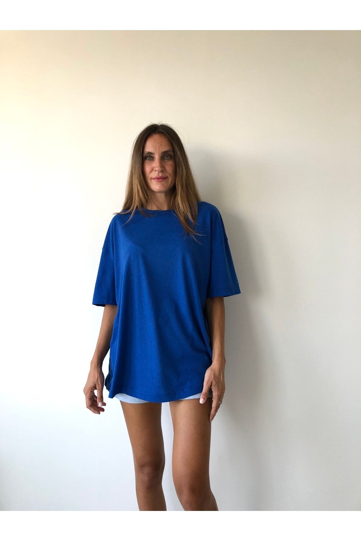 JAKARLI Unisex Pamuk Bisiklet Yaka Boyfriend Örme Oversize T-shirt