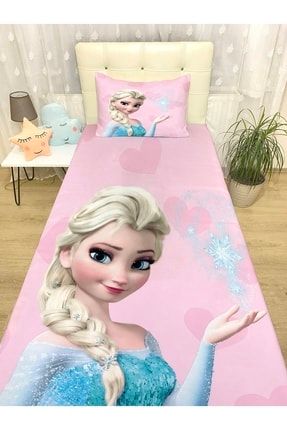 Pembe Elsa Desenli Yatak Örtüsü Ve Yastık evortu1166