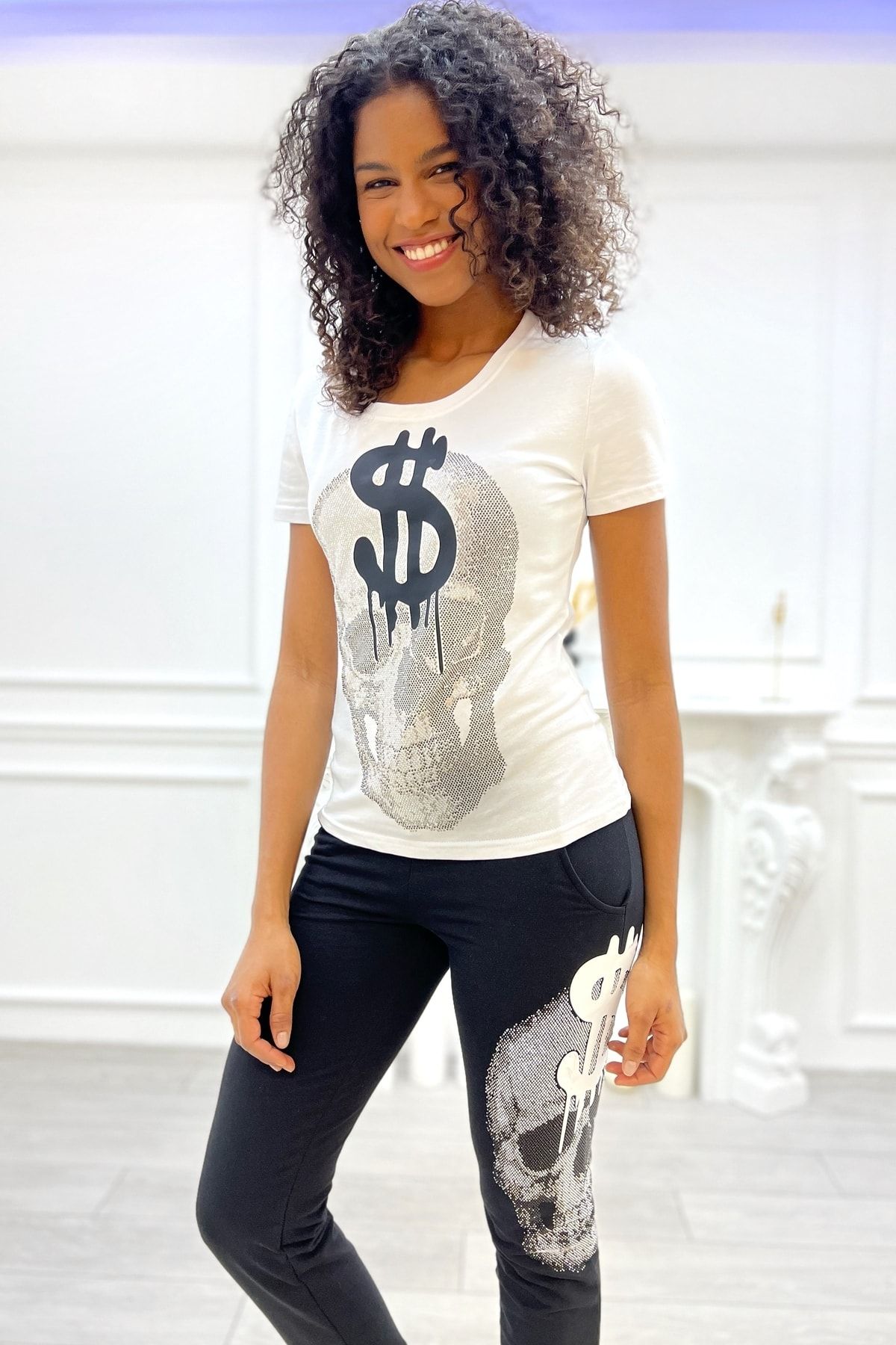 RICH GLAM Skull Crystal Stone T shirt and Sweatpants Women s 2
