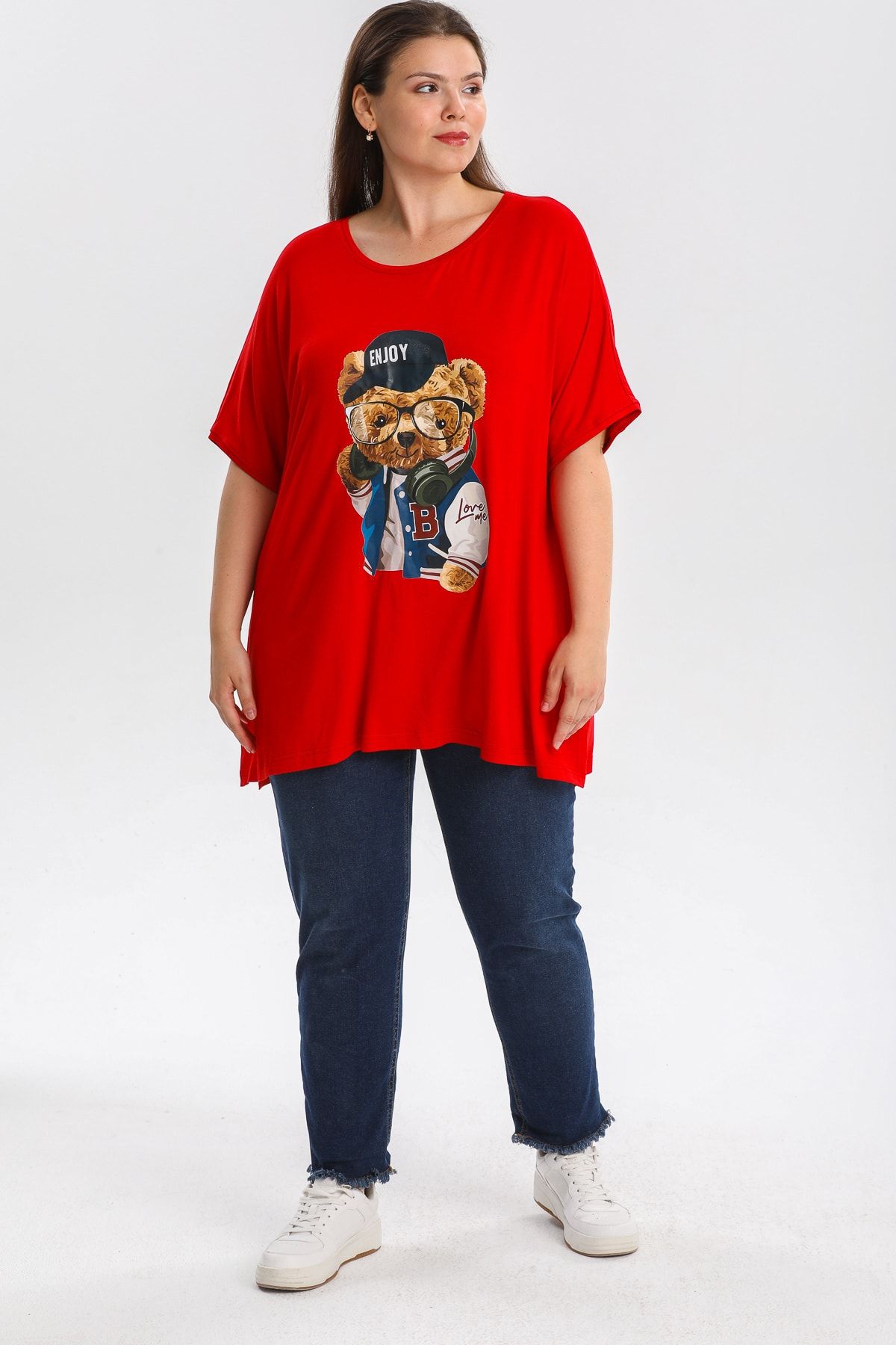Gül Moda-Plus Size Blouse Teddy Bear Printed Red G087-1 4