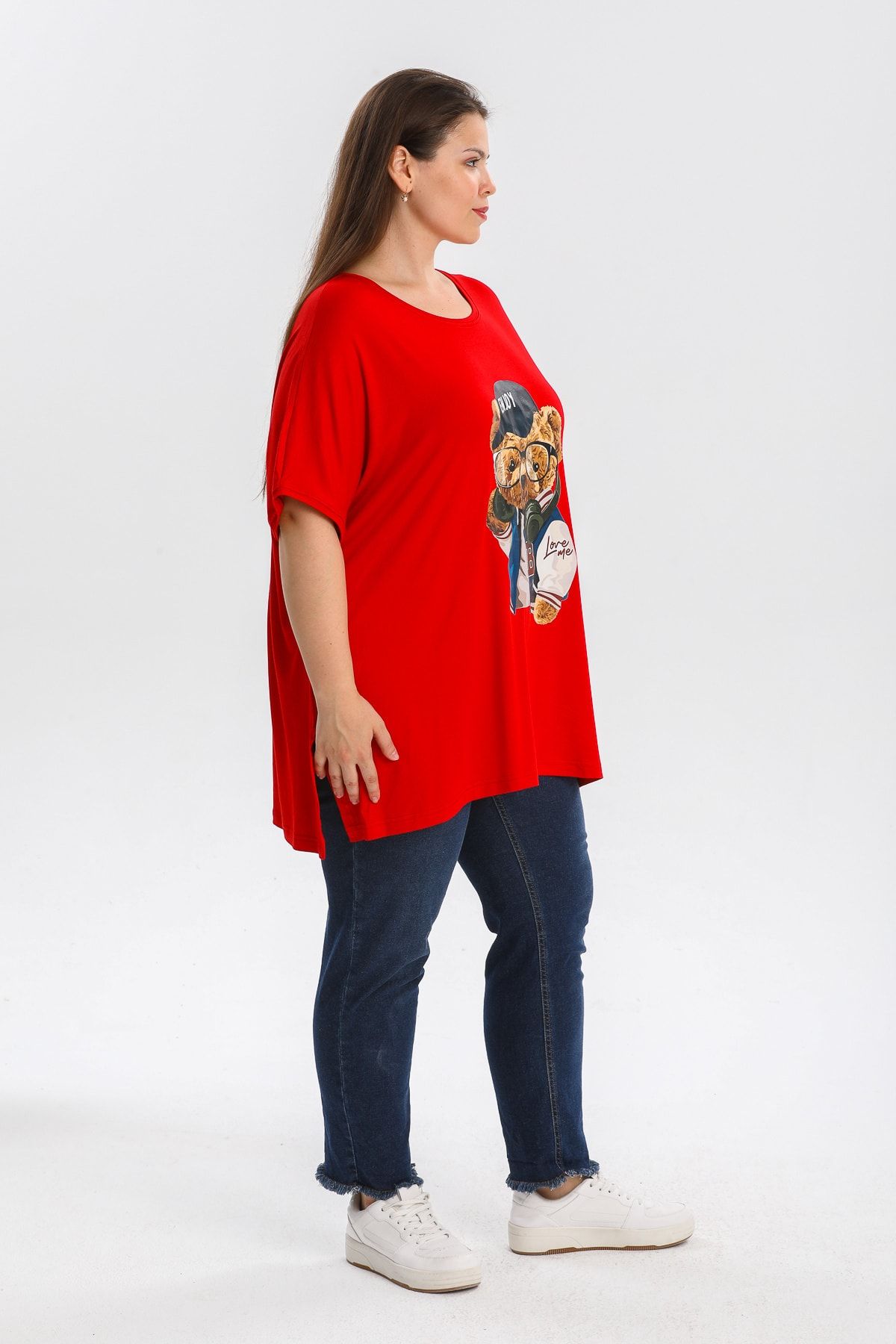 Gül Moda-Plus Size Blouse Teddy Bear Printed Red G087-1 8