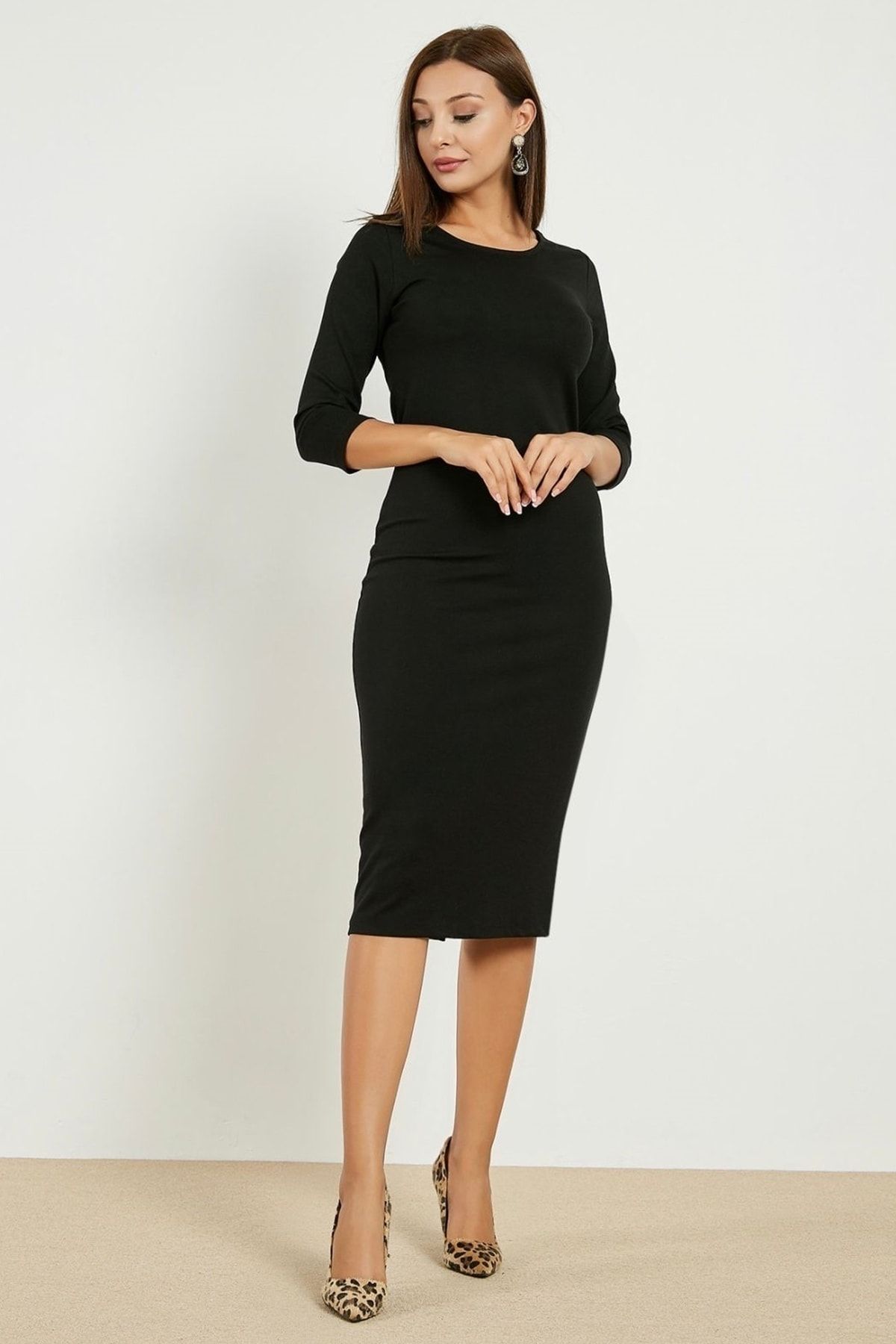 bayansepeti Flexible Steel Fabric Back Slit Round Neck Midi