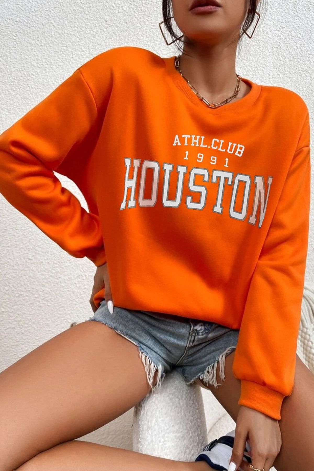 MODAGEN-Unisex oranžová mikina s potlačou Houston Oversize Crew s výstrihom 3
