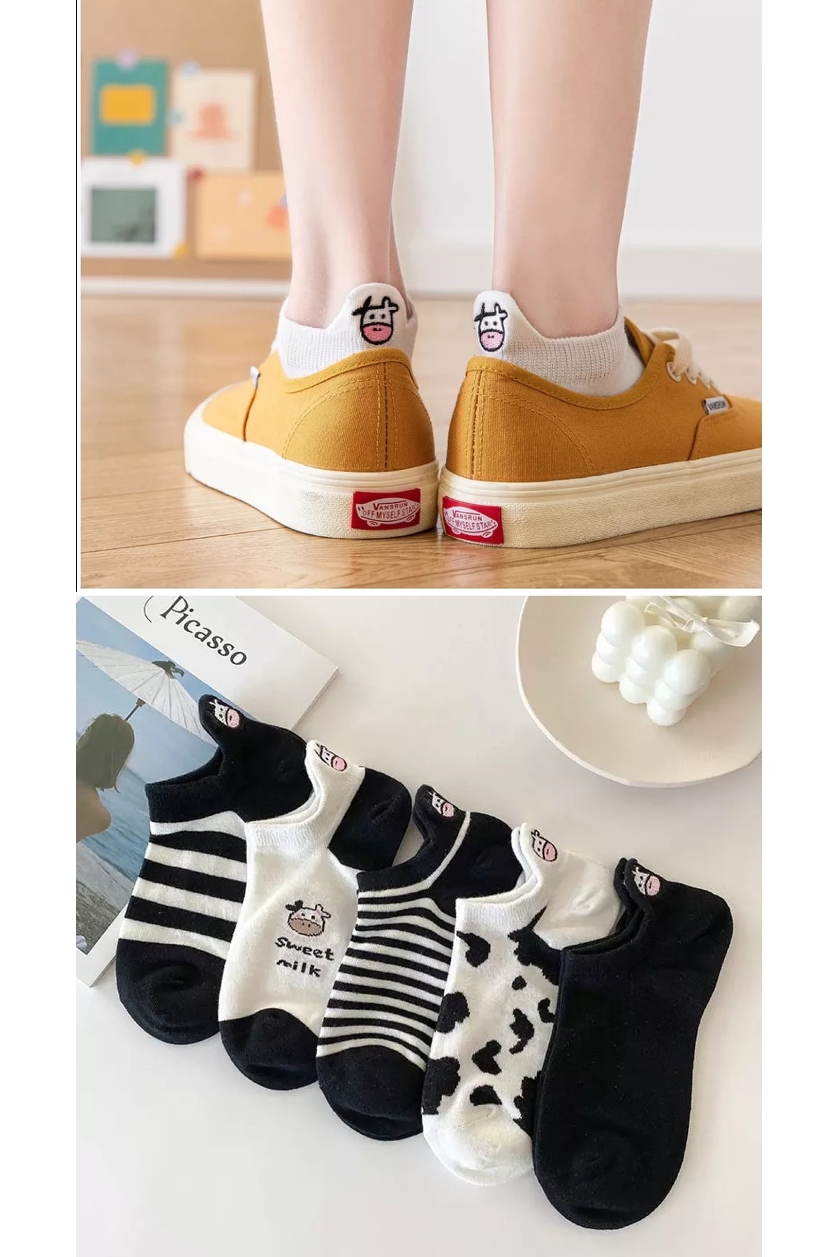 çorapkolik 3'lüunisex Siyah-beyaz Inek Desenli Pamuklu Nakışlı Işlemeli Çorap 3 Çift