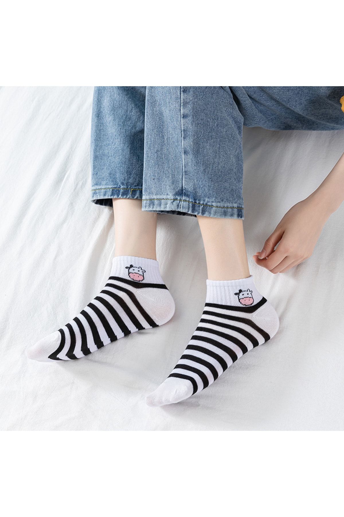 çorapkolik 5'li Unisex Inek Desenli Pamuklu Bilek Çorap PH9155