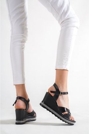 Kadın Siyah Yarasa Dolgu Topuk Sandalet Ayakkabı Rm0120 RM0120