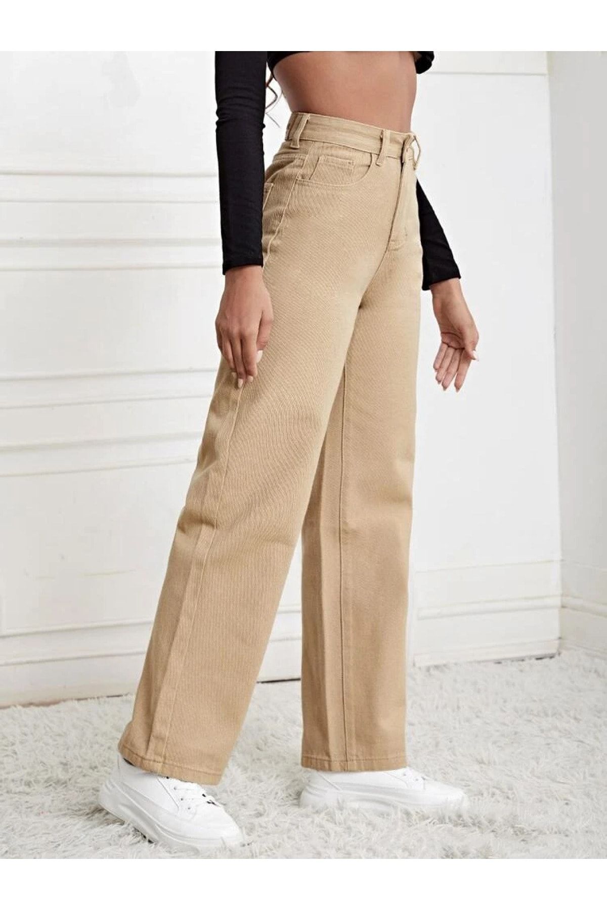 SHEVEGA-Pantaloni Palazzo Boyfriend din nurcă cu talie înaltă 2