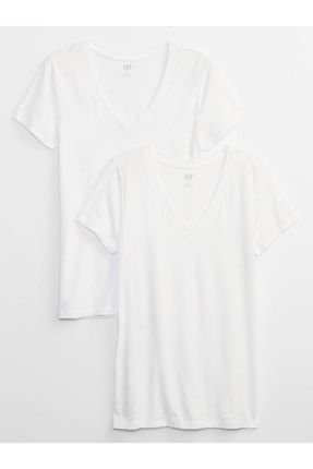 Kadın Beyaz Favorite V Yaka 2'li T-shirt 842059