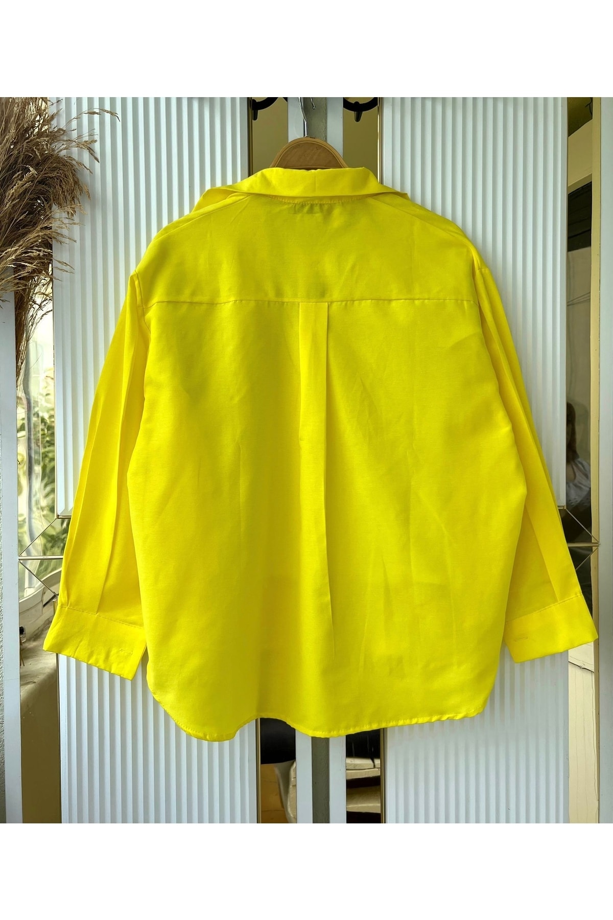 modabetce Πουκάμισο Κίτρινο Oversize Μπαλόνι μανίκι Πλισέ Λεπτομερές Μακρύ Βασικό Γυναικείο Πουκάμισο