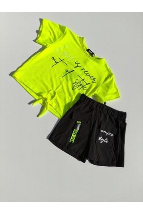 Neon Yeşili Belden Baglama Detaylı Kız Çocuk T-shirt Ve Şort Takim 1205NEOn