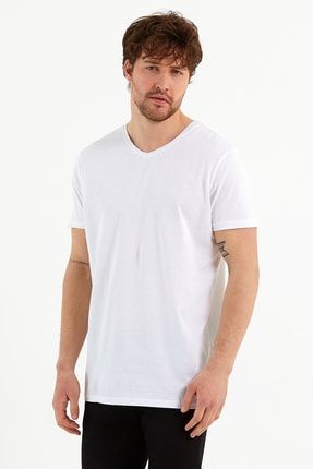 Beyaz Erkek V Yaka Kol Baskılı Normal Kalıp T-shirt VRDN2021