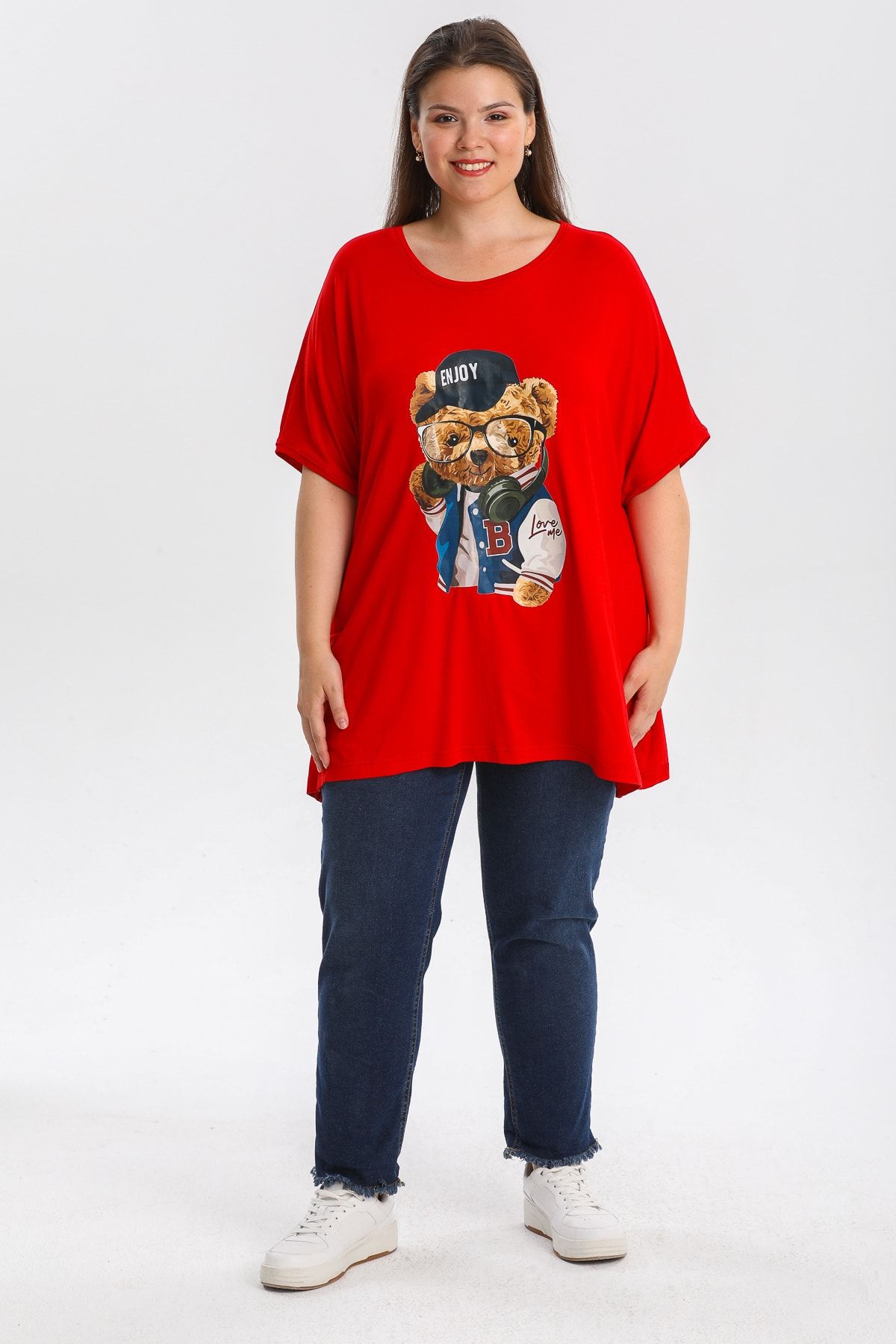 Gül Moda-Plus Size Blouse Teddy Bear Printed Red G087-1 2