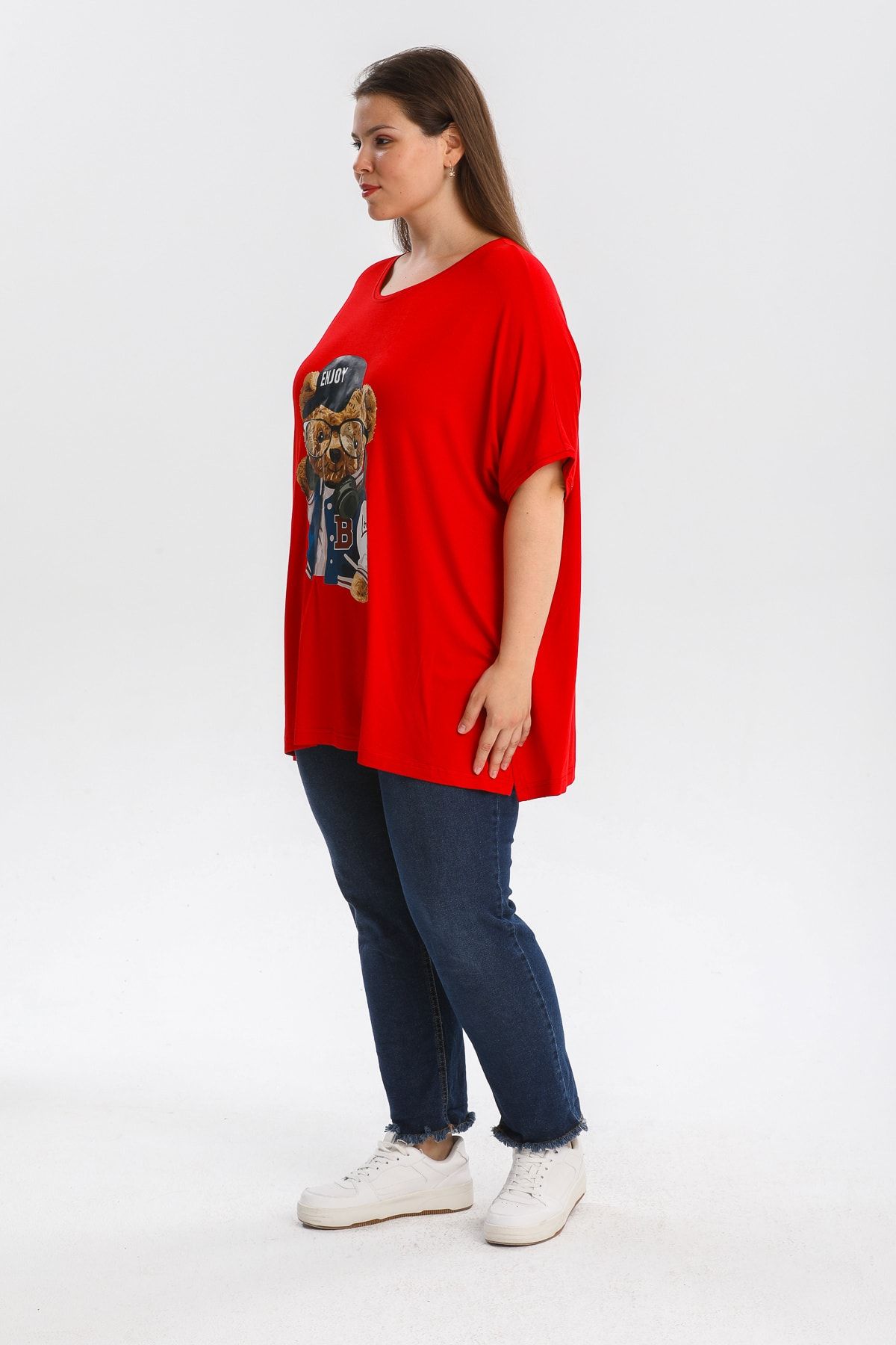 Gül Moda-Plus Size Blouse Teddy Bear Printed Red G087-1 7