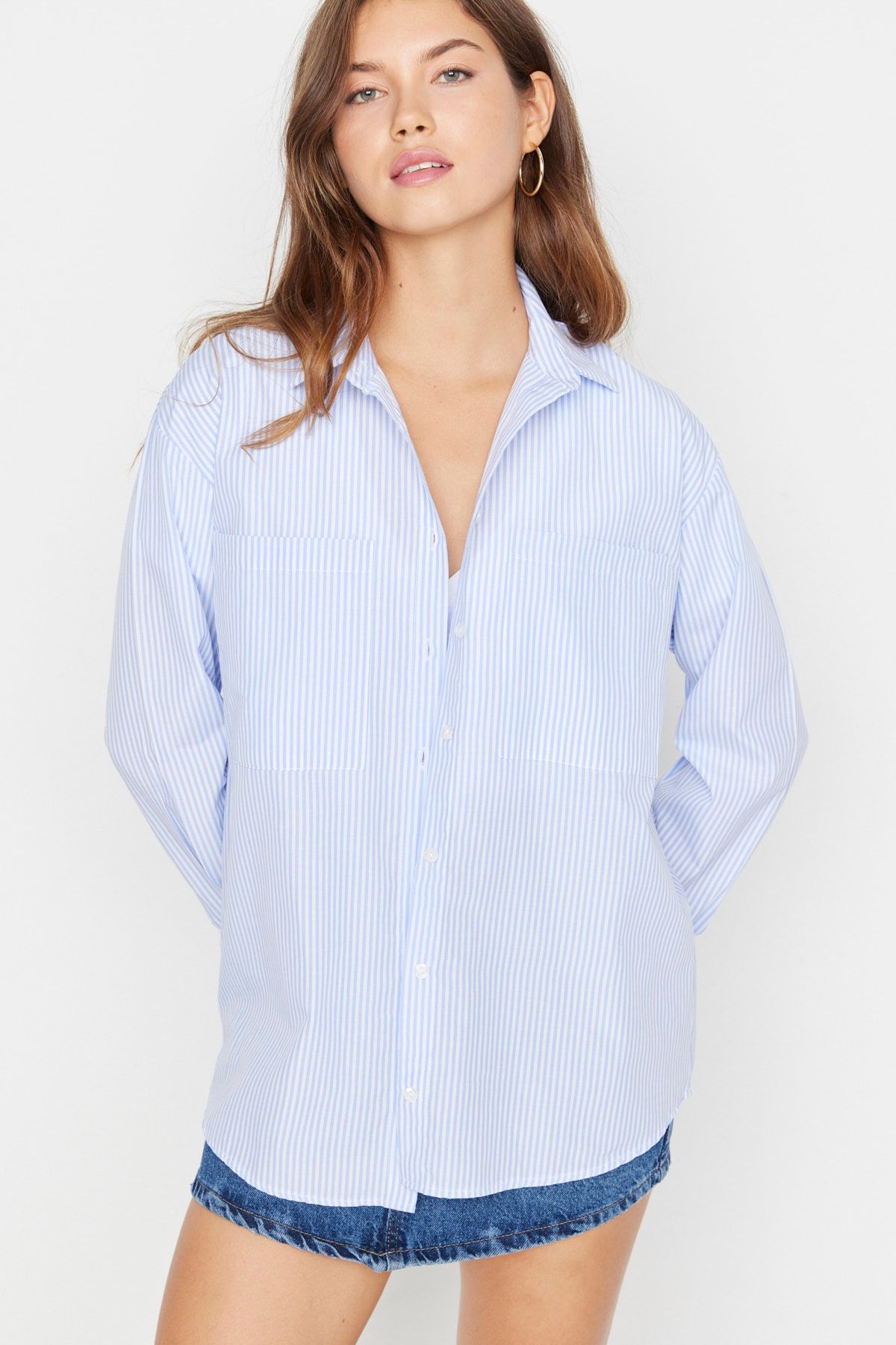 Trendyol Collection-Blue Striped Wide Fit Shirt with Pocket Detail - Twoaw23Go00359 3