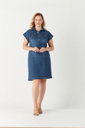Kadın Mavi Düğmeli Cep Detaylı Kot Elbise 4035M
