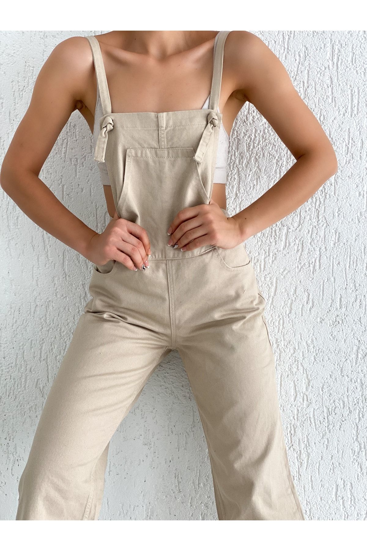 Fav Style Women s Wide Leg Denim Gardener Overalls Beige