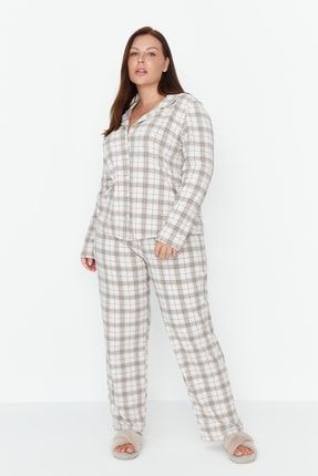 Bej Ekose Desenli Örme Pijama Takımı TBBAW23AI00001