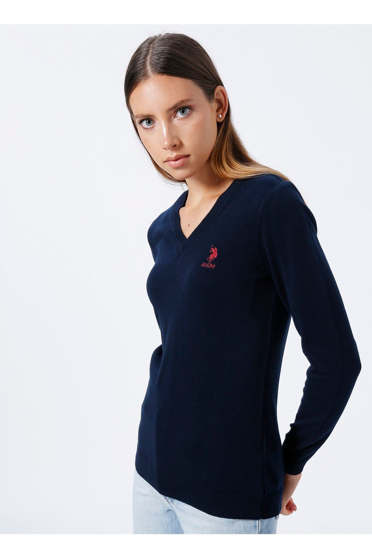 U.S. Polo Assn. V Neck Plain Navy Blue Women s Sweater Gtd02 bsk22