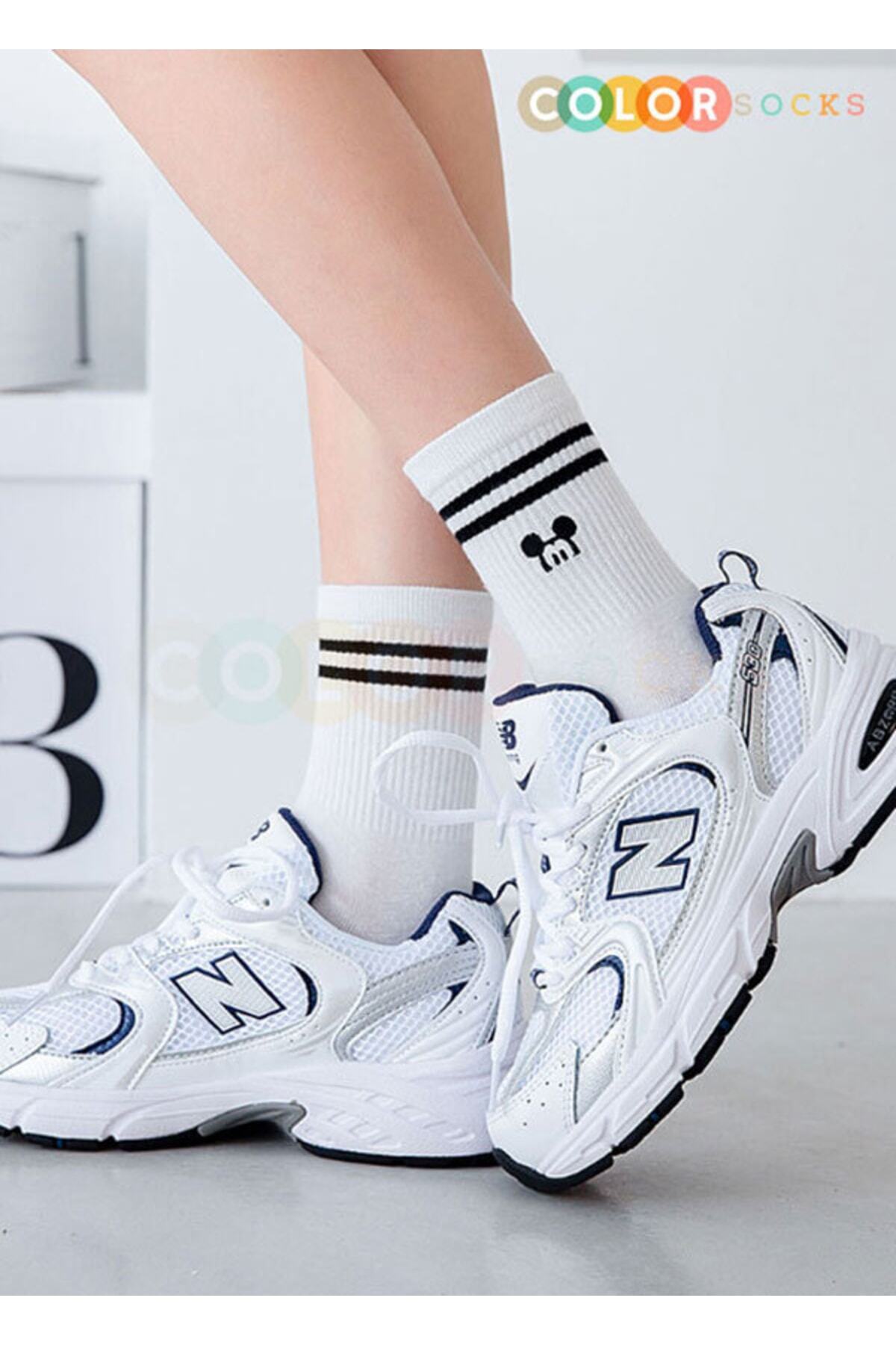 Color Socks 5 Çift Kolej Mickey Mouse Desenli Kadın Çorap görsel 7
