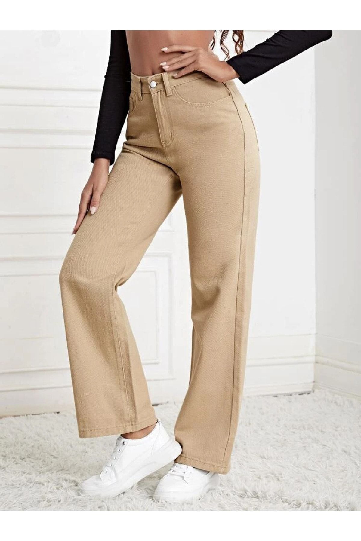 SHEVEGA-Pantaloni Palazzo Boyfriend din nurcă cu talie înaltă 3
