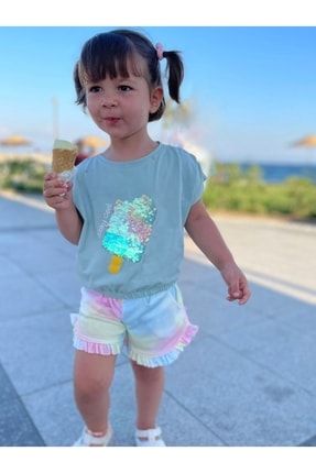Kız Çocuk Payet Dondurma Desenli Çok Renkli Şortlu Takım Mint ICELY