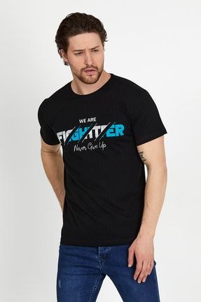 Erkek Siyah Bisiklet Yaka Önü Baskılı %100 Pamuk T-shirt T-863