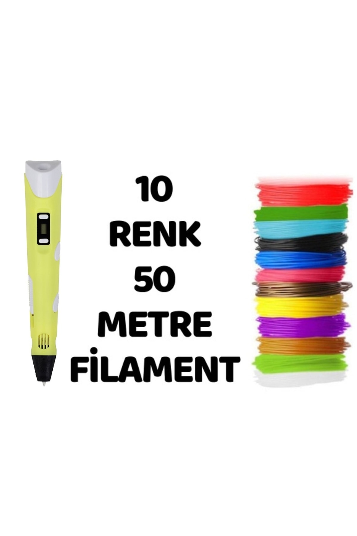 SolinpaTech Sarı 3d Pen Üç Boyutlu Yazıcı Kalem 5 Metre 10 Adet Filement Ve Adaptor Ile Birlikte (50 METRE)